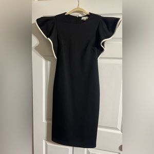 Black Calvin Klein midi pencil dress with white trimmed flutter sleeve